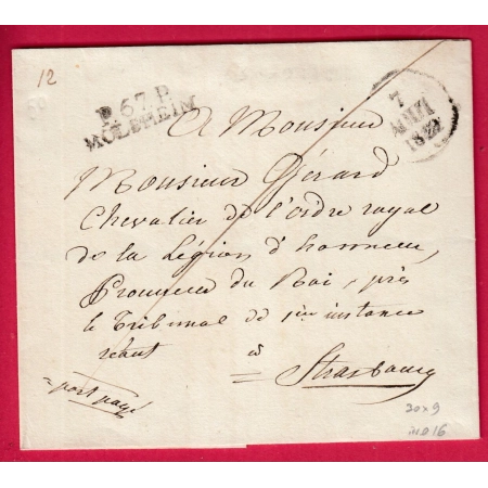 MARQUE P67P MOLSHEIM BAS RHIN 1829 INDICE 16 POUR STRASBOURG LETTRE COVER