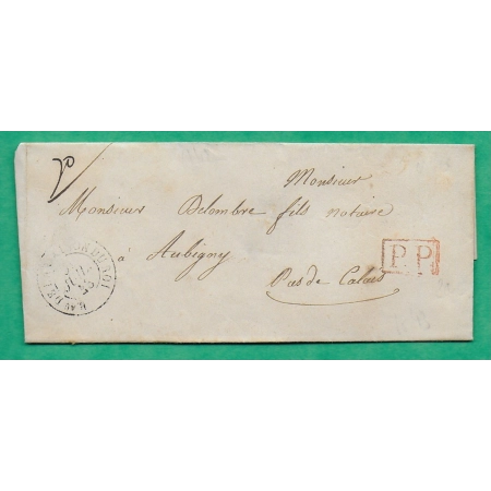 CAD TYPE 15 BUREAU DE LA MAISON DU ROI PARIS PP ROUGE POUR AUBIGNY EN ARTOIS PAS DE CALAIS 1843 LETTRE COVER FRANCE