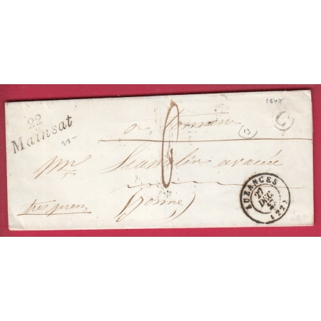 CURSIVE 22 MAINSAT CREUSE TYPE 15 AUZANCES POUR TONNERRE YONNE 1847 INDICE 13 LETTRE COVER