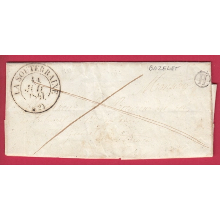CAD TYPE 13 LA SOUTERRAINE CREUSE BOITE RURALE H BEZELAT POUR GUERET 1841 LETTRE COVER