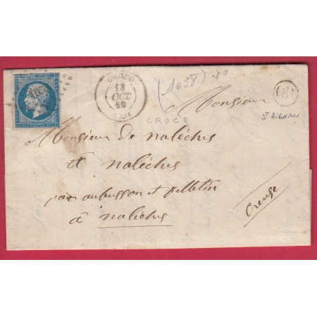 N°14 PC 1038 CROCQ CREUSE OR DE ST AIGNAN POUR FELLETIN LETTRE COVER