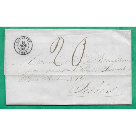 CAD TYPE 15 USTARITZ BASSES PYRENEES TAXE MANUSCRITE 20 DOUBLE PORT POUR PARIS 1848 LETTRE COVER FRANCE