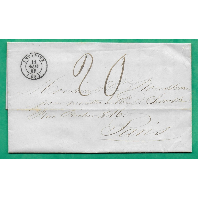CAD TYPE 15 USTARITZ BASSES PYRENEES TAXE MANUSCRITE 20 DOUBLE PORT POUR PARIS 1848 LETTRE COVER FRANCE