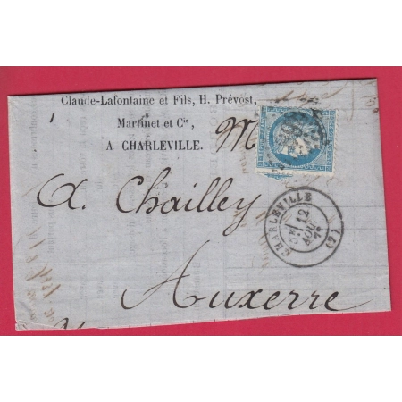 N°60 TIMBRE INSCRIPTION AU DOS BANQUE LAFONTAINE CHARLEVILLE ARDENNES POUR AUXERRE YONNE LETTRE COVER