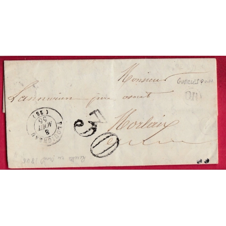 CAD TYPE 15 PLOUIGNEAU FINISTERE TAXE 30 TAMPON OR GUERLESQUIN 1855 POUR MORLAIX LETTRE COVER