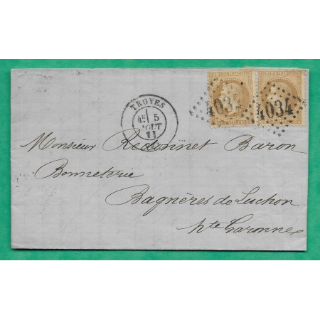 N°28 x2 GC 4034 TROYES AUBE POUR BAGNERES DE LUCHON HAUTE GARONNE 1871 LETTRE COVER FRANCE
