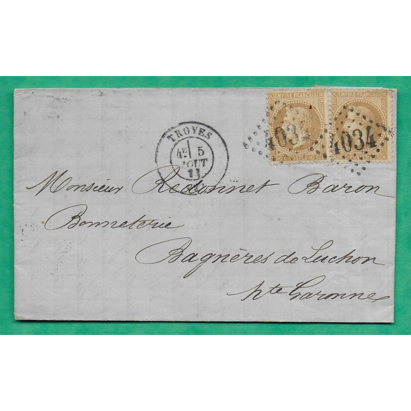 N°28 x2 GC 4034 TROYES AUBE POUR BAGNERES DE LUCHON HAUTE GARONNE 1871 LETTRE COVER FRANCE