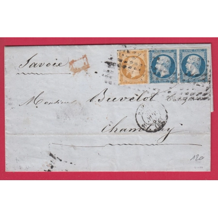 N°14 PAIRE + 13 TTB PARIS ROULETTE DE GROS POINTS POUR CHAMBERY ETAT SARDES SAVOIE 1855 LETTRE COVER
