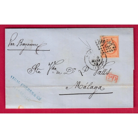 N°23 GC 2240 MARSEILLE POUR MALAGA ESPAGNE 1869 LETTRE COVER