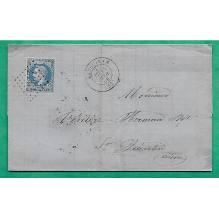 N°29 GC 4557 LANGOIRAN GIRONDE BUREAU SUPPLEMENTAIRE POUR ST QUENTIN AISNE 1869 LETTRE COVER FRANCE