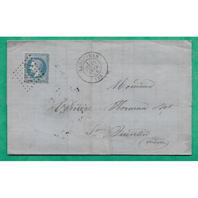 N°29 GC 4557 LANGOIRAN GIRONDE BUREAU SUPPLEMENTAIRE POUR ST QUENTIN AISNE 1869 LETTRE COVER FRANCE