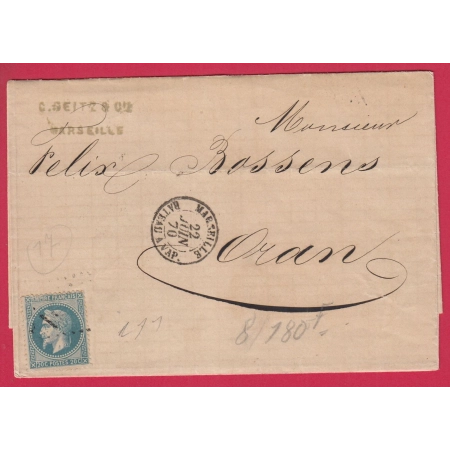 N°29 MARSEILLE BATEAU A VAPEUR POUR ORAN ALGERIE GC 5051 1870 LETTRE COVER