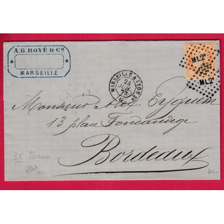 N°38 AMBULANT DE JOUR MARSEILLE A LYON LOSANGE ML2° POUR BORDEAUX GIRONDE 1873 LETTRE COVER