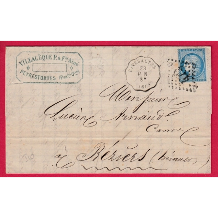 N°60 CONVOYEUR STATION RIVESALTES PYRENEES ORIENTALES TEXTE DE PEYRESTORTES POUR BEZIERS HERAULT LETTRE COVER