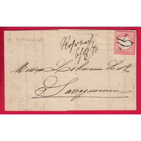 ALSACE LORRAINE 1 GROSCHEN ANNULATION PLUME ROHRBACH MOSELLE 1873 POUR SARREGUEMINES LETTRE COVER