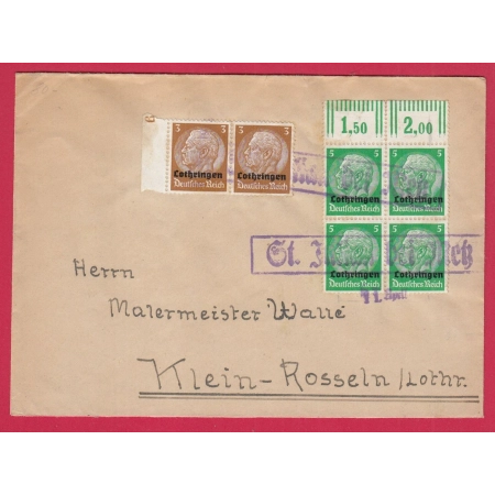 ALSACE LORRAINE SURCHARGE LOTHRINGEN POUR KLEIN ROSSELN MOSELLE LETTRE COVER