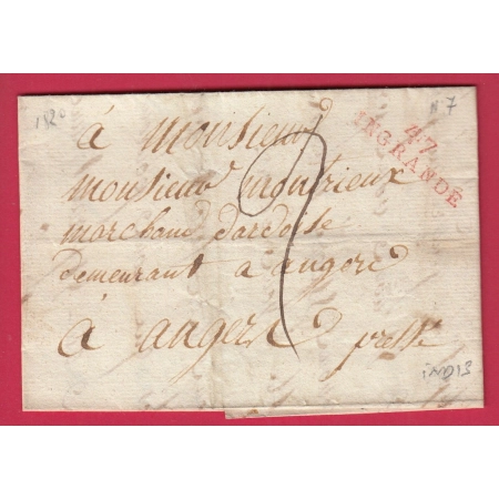 MARQUE 47 INGRANDE MAINE ET LOIRE EN ROUGE 1820 POUR ANGERS INDICE 13 LETTRE COVER