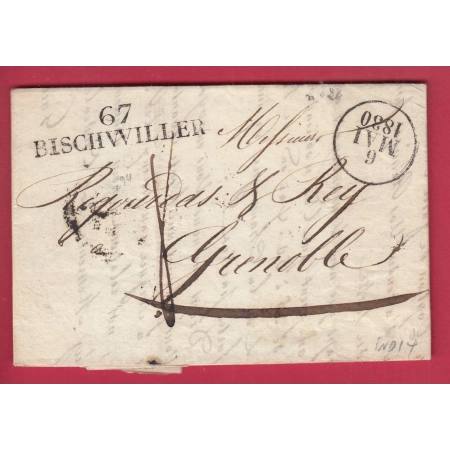 MARQUE 47 BISCHWILLER BAS RHIN 1830 POUR GRENOBLE ISERE LETTRE COVER