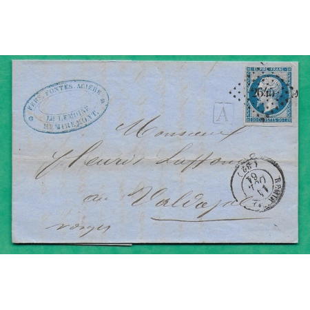 N°14B PC 2645 REMIREMONT VOSGES BOITE URBAINE A POUR LE VAL D'AJOL 1861 LETTRE COVER FRANCE