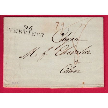 MARQUE CONQUIS 96 VERVIERS BELGIQUE 1801 POUR COLMAR HAUT RHIN LETTRE COVER