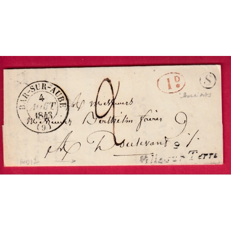 CURSIVE 9 VILLE SUR TERRE CAD TYPE 13 BAR SUR AUBE BOITE RURALE S SOULAINES POUR DOULEVANT HAUTE MARNE 1843 LETTRE COVER