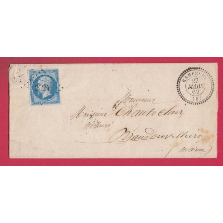N°14 PC 2624 RAMERUPT AUBE CAD TYPE 22 POUR BRANDONVILLERS MARNE 1862 LETTRE COVER FRANCE