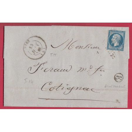 N°14 PC 2673 CAD TYPE 14 RIEZ BASSES ALPES BOITE RURALE E ALLEMAGNE POUR COTIGNAC VAR 1860 LETTRE COVER