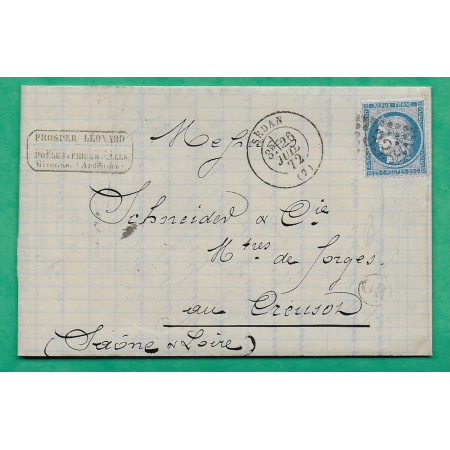 N°60A GC 3352 SEDAN ARDENNES OR ORIGINE RURALE GIVONNE POUR LE CREUSOT SAONE ET LOIRE 1872 LETTRE COVER FRANCE