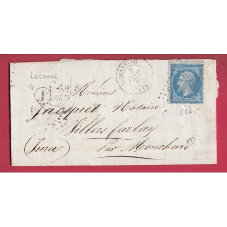 N°22 GC 2265 MASSIAC CANTAL BOITE RURALE I LESCURE POUR VILLERS FARLAY JURA 1865 LETTRE COVER