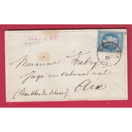 N°29 CAD TYPE 15 TOULON SUR MER VAR 1867 POUR AIX EN PROVENCE BOUCHES DU RHONE LETTRE COVER
