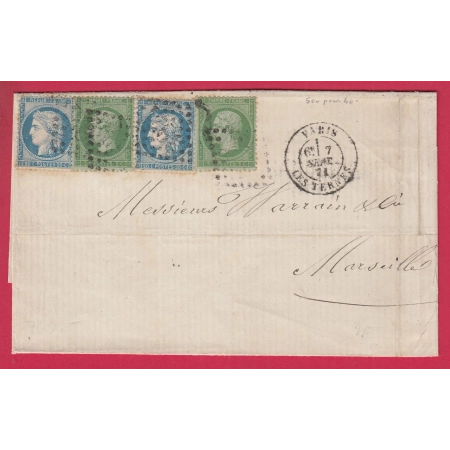 N°37 X2 20 X2 GC3921 LES TERNES PARIS 7 SEPTEMBRE 1871 POUR MARSEILLE DOUBLE PORT LETTRE COVER