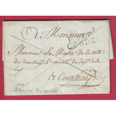 MARQUE P57P CONDE NORD 1820 POUR COURTRAY BELGIQUE DECOMPTE DE LA TAXE AU DOS LETTRE COVER