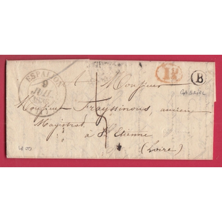 CAD TYPE 13 ESPALION AVEYRON BOITE RURALE B GABRIAC DECIME RURAL POUR ST ETIENNE LOIRE 1836 LETTRE COVER