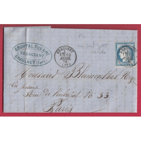 N°60 CAD TYPE 16 GRAULHET TARN POUR PARIS LETTRE COVER ETIQUETTE PUB AU DOS