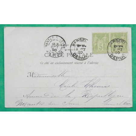 N°102 PAIRE SAGE CAD MARSEILLE DEPART CARTE POSTALE PALAIS LONGCHAMP POUR MANTES SEINE ET OISE 1900 LETTRE COVER FRANCE