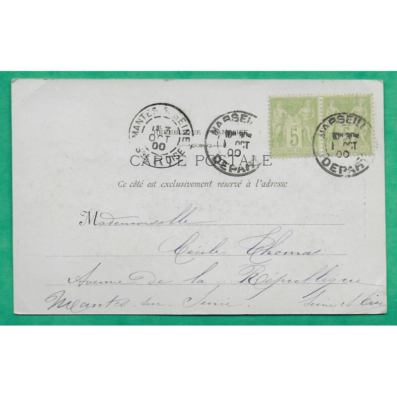 N°102 PAIRE SAGE CAD MARSEILLE DEPART CARTE POSTALE PALAIS LONGCHAMP POUR MANTES SEINE ET OISE 1900 LETTRE COVER FRANCE