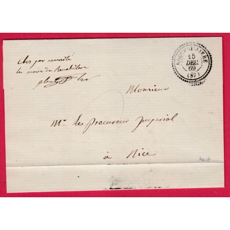 CAD TYPE 22 ROQUEBILLIERE ALPES MARITIMES FRANCHISE DU MAIRE POUR NICE 1869 GC INDICE 17 LETTRE COVER
