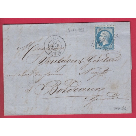 N°22 PC DU GC 3180bis RODEZ AVEYRON 1863 POUR BORDEAUX INDICE 20 LETTRE COVER FRANCE