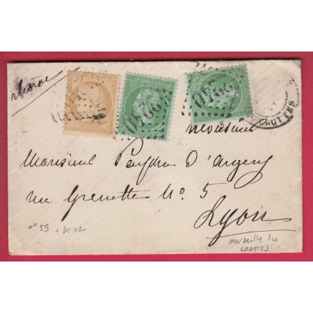 N°20 X2 59 GC 2240 MARSEILLE LES CROTTES 1872 POUR LYON RHONE LETTRE COVER FRANCE