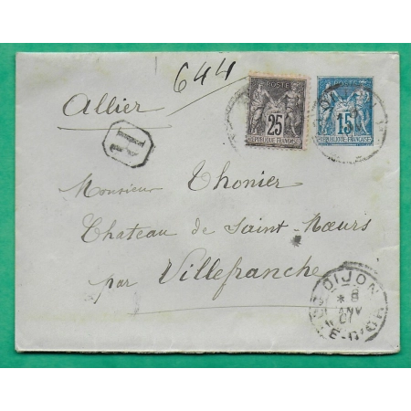 ENTIER SAGE 15C BLEU + N°97 RECOMMANDE DIJON COTE D'OR POUR VILLEFRANCHE D'ALLIER 1901 LETTRE COVER FRANCE