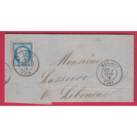 N°60 CAD TYPE 18 MAZAMET TARN POUR LIBOURNE GIRONDE LETTRE COVER FRANCE