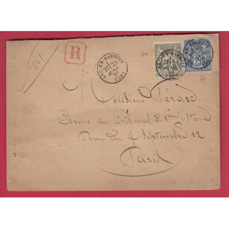 N°72 79 CAD TYPE 16 ARC EN BARROIS HAUTE MARNE RECOMMANDE POUR PARIS LETTRE COVER FRANCE