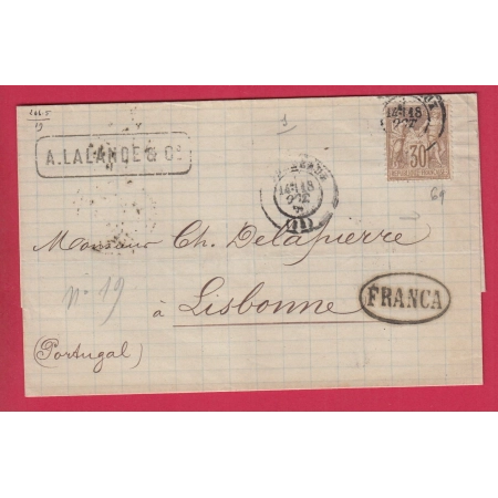N°69 BORDEAUX GIRONDE POUR LISBONNE PORTUGAL CACHET FRANCA LETTRE COVER FRANCE