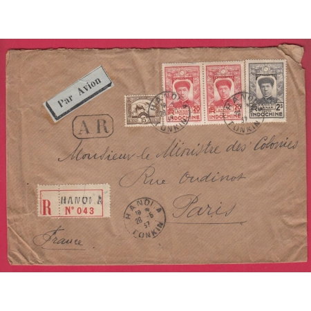 HANOI INDOCHINE TONKIN PAR AVION POUR PARIS 1937 RECOMMANDE LETTRE COVER FRANCE