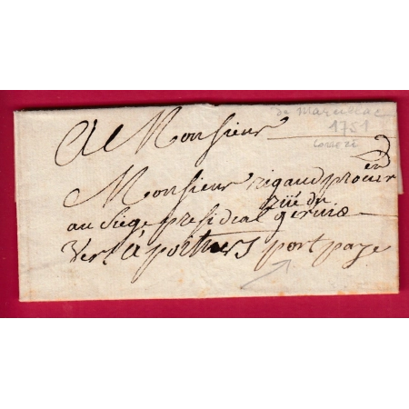 LETTRE DE MARCILLAC CORREZE MENTION PORT PAYE MANUSCRIT 1751 POUR POITIERS VIENNE TAXE 4 AU DOS  LETTRE COVER