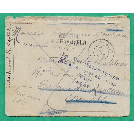 FRANCHISE MILITAIRE FM ARBOIS JURA GRIFFE LE DESTINATAIRE N'A PU ETRE ATTEINT EN TEMPS UTILE RETOUR ENVOYEUR WW1 FRANCE
