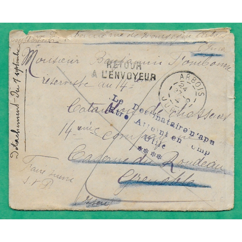 FRANCHISE MILITAIRE FM ARBOIS JURA GRIFFE LE DESTINATAIRE N'A PU ETRE ATTEINT EN TEMPS UTILE RETOUR ENVOYEUR WW1 FRANCE