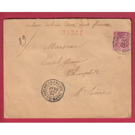 N°98 VARENNES SUR AMANCE HAUTE MARNE 1894 POUR CHAMPLITTE LETTRE CHARGE COVER