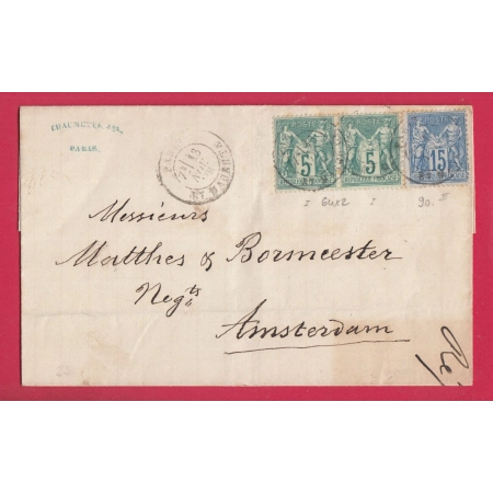 N°64 X2 N/B + 90 PARIS BT MAGENTA POUR AMTERDAM PAYS BAS LETTRE COVER