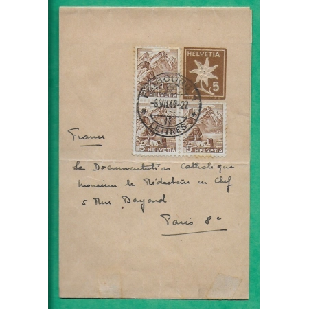 ENTIER BANDE DE JOURNAL 5C HELVETIA EDELWEISS + COMPLEMENT AFFRANCHISSEMENT 15C CAD FRIBOURG LETTRES POUR PARIS 1949